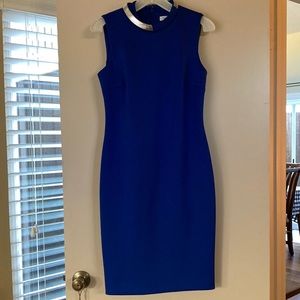 Calvin Klein royal blue scuba shift midi dress with silver collar detailing.
